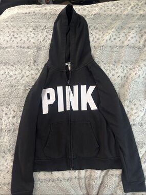 PINK Victoria's Secret Black Zip-Up Hoodie with White Logo